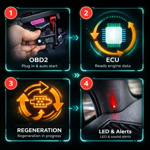 Infografika, ki prikazuje delovanje naprave za nadzor regeneracije DPF-ja