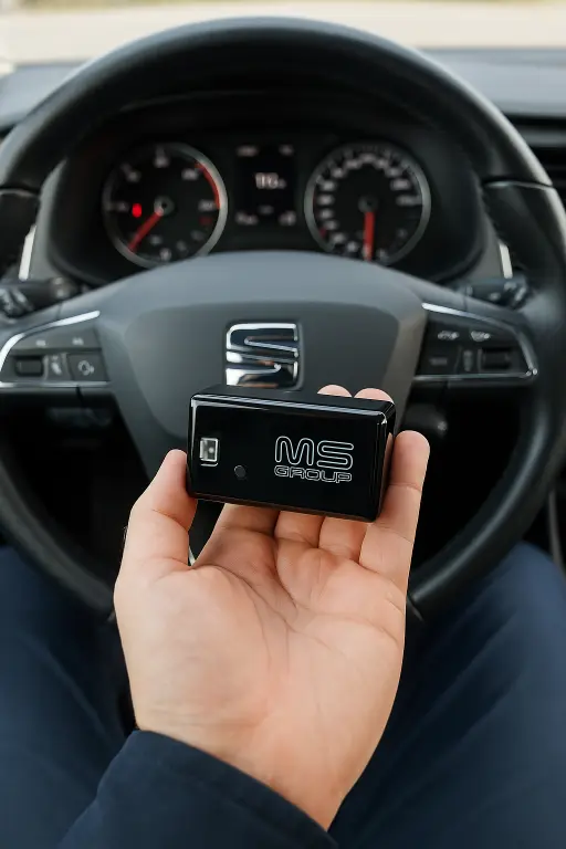 DPF Control modul za SEAT vozila držan u ruci na pozadini armaturne ploče automobila