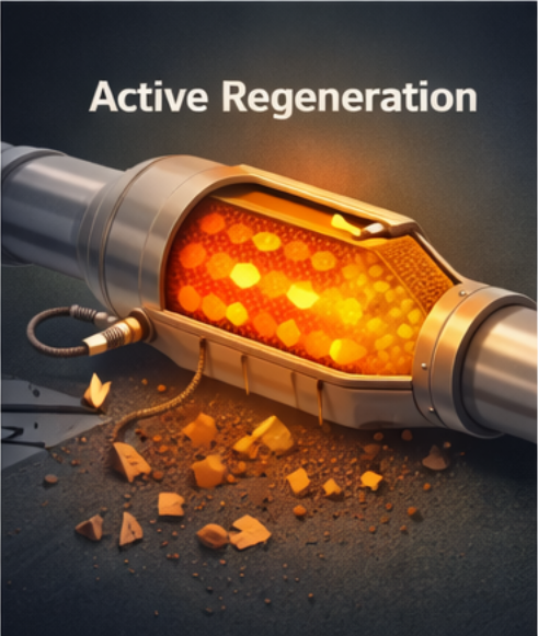 Unutarnji pogled na filter dizelskih čestica (DPF) tijekom vremena regeneracije na visokim temperaturama