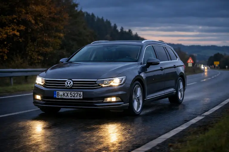 VW Passat vozi seoskom cestom u večernjim uvjetima