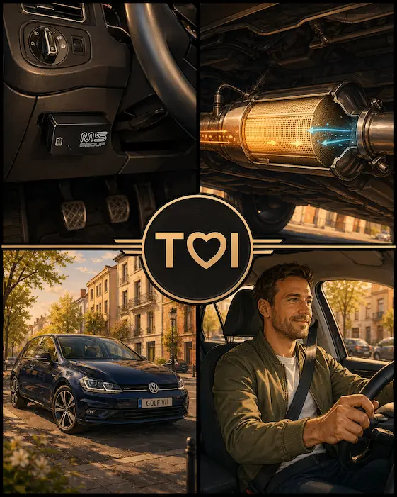 Collage ilustrado que muestra una conducción tranquila con un VW Golf TDI, DPF Control (DPF) y concienciación sobre la regeneración del filtro